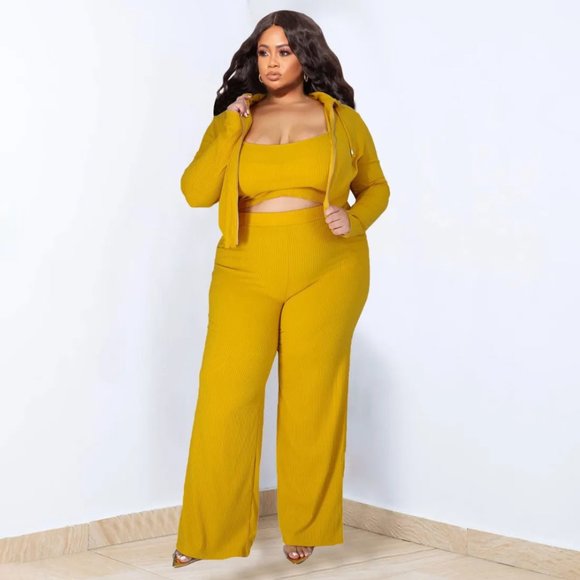 Plus Size Casual Solid Color Plus Size Pit Vest Jacket Pants Three-Piece Set - Picture 3 of 15